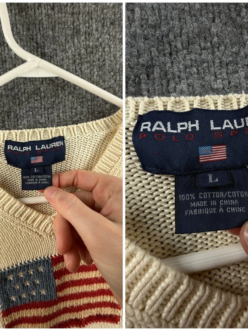 Ralph Lauren Sport USA Flag Graphic Ivory Large V-Neck Sweater Pullover Designer